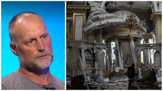 Koláž fotografií, vľavo dokumentarista Pavol Pekarčík, vľavo poškodený Chrám Premenenia Pána v Odese.