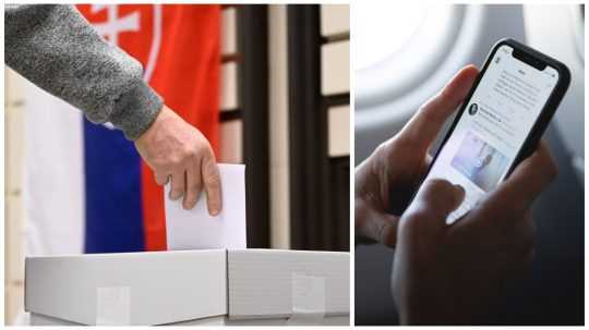Na koláži vľavo osoba vhadzuje obálku do volebnej urny, vpravo osoba používa sociálnu sieť na telefóne.