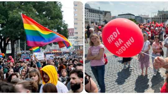 Koláž z pochodu hrdí na rodinu a z pochodu za práva LGBTI ľudí.