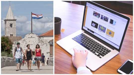 Koláž snímok, vľavo turisti v Chorvátsku, vpravo žena pracujúca na laptope.