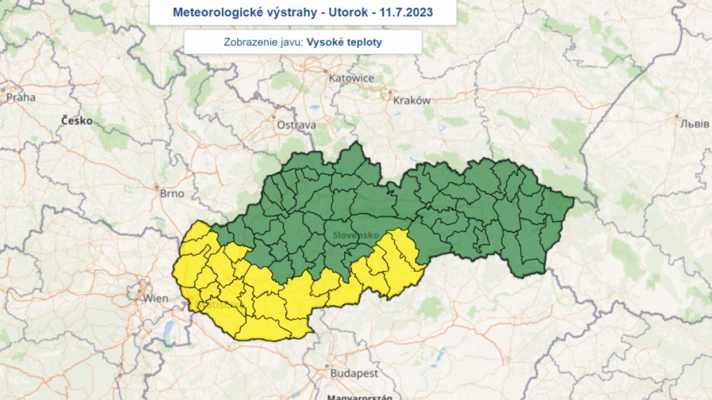 Mapa Slovenska s výstrahou SHMÚ pred vysokými teplotami.