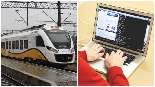 Na koláži fotografií vľavo poľský vlak, vpravo osoba pracujúca na počítači.