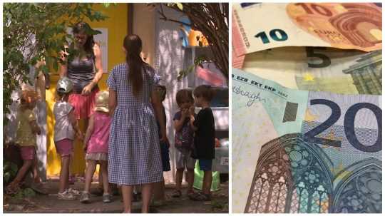 Vľavo na koláži učiteľky s deťmi, vpravo eurobankovky.