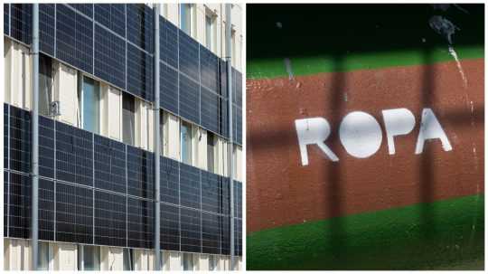 Na koláži vľavo solárne panely, vpravo vyústenie ropovodu Družba s nápisom ROPA.