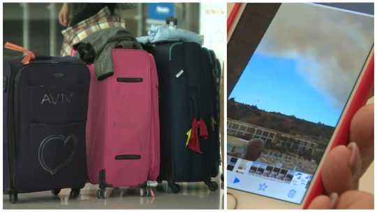 Na koláži vľavo cestovné kufre na letisku, vpravo mobilný telefón so zábermi požiaru na gréckom Rodose.