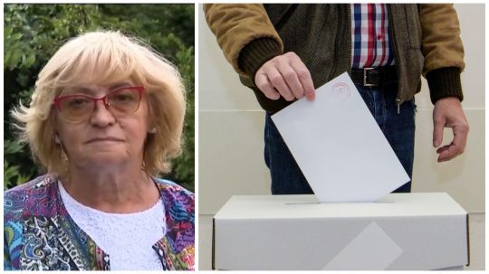 Vľavo sociologička Slovenskej akadémie vied Silvia Miháliková, vľavo odoba hádže lístok do volebnej urny.