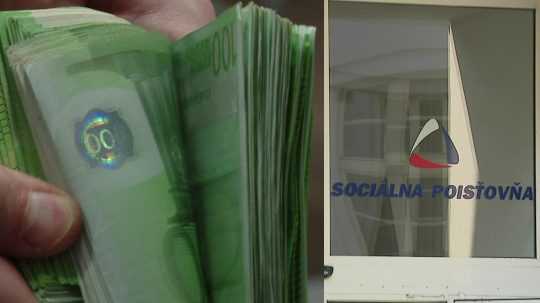 Na koláži vľavo stoeurové bankovky, vľavo logo Sociálnej poisťovne.