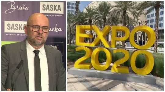 Na snímke vľavo Richard Sulík, vpravo logo výstavy EXPO 2020 v Dubaji.