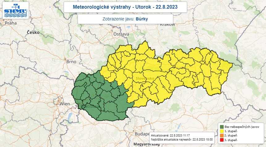 Výstrahy pred búrkami v utorok (22. 8.).