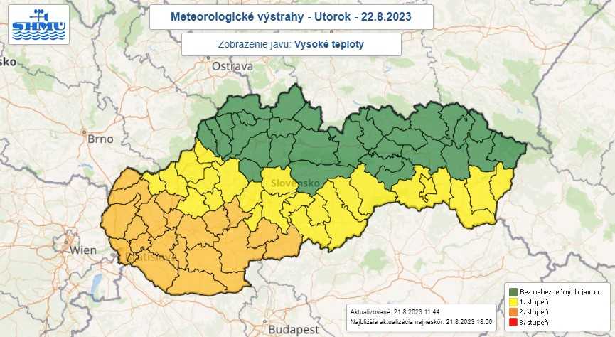 Výstrahy pred vysokými teplotami v utorok (22. 8.).