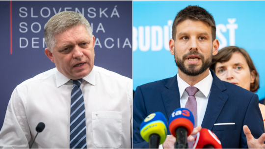 Zľava predseda Smeru-SD Robert Fico a predseda Progresívneho Slovenska Michal Šimečka.