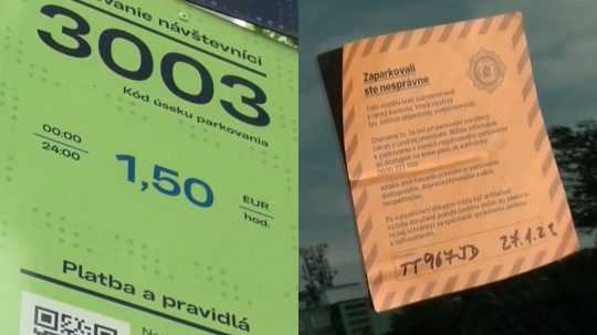 Vpravo lístok upozorňujúci vodiča na nesprávne parkovanie, vľavo tabuľa o s informáciou o pravidlách parkovania.