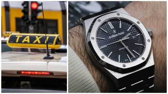 Na snímke vľavo vozidlo označené nápisom TAXI, vpravo drahé hodinky na mužskom zápästí.