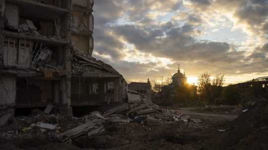 Snímka z mesta Izjum na Ukrajine.