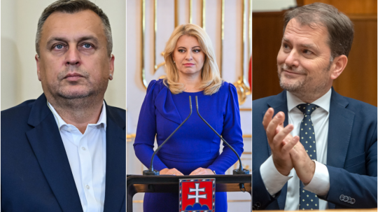 Zľava predseda SNS Andrej Danko, prezidentka Zuzana Čaputová a predseda OĽANO a priatelia Igor Matovič.
