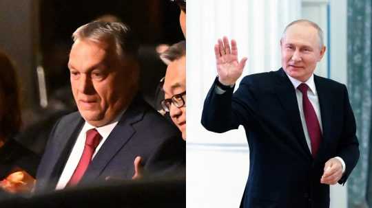 Na snímke zľava maďarský predseda vlády Viktor Orbán a ruský prezident Vladimir Putin.