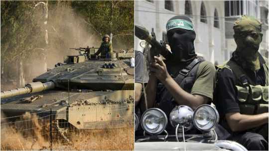 Na snímke zľava izraelský tank a bojovníci Hamasu.