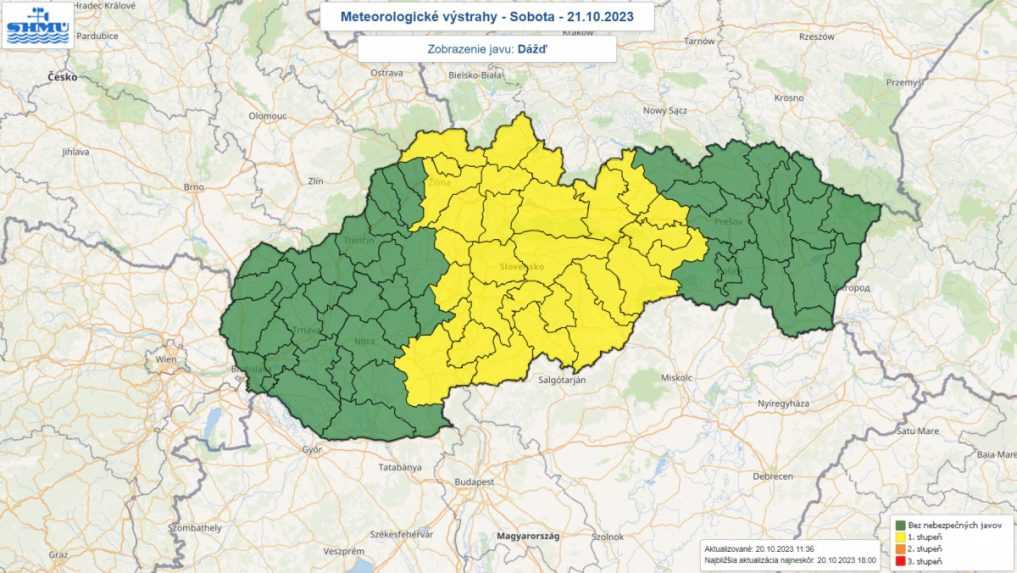 Výstraha pred dažďom pre sobotu 21. októbra a nedeľu 22. októbra 2023.