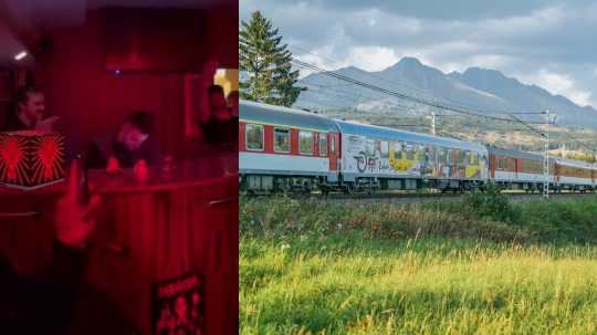 Na snímke vľavo DJ vo vlaku, vpravo spoločenský vozeň ako súčasť vlakovej súpravy.