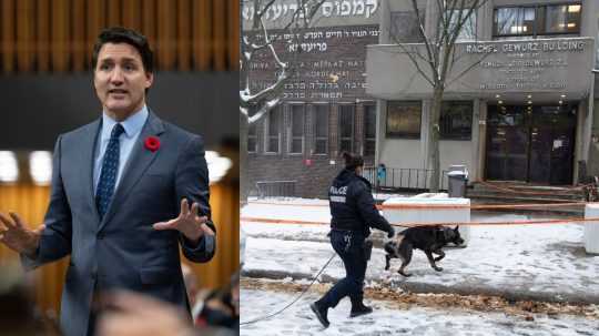 Na snímke Justin Trudeau a policajtka s policajným psom pred židovskou školou v Montreale, na ktorú sa strieľalo.