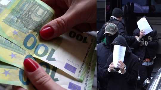 Koláž: Vľavo žena drží stoeurové bankovky, vpravo polícia vedie mladých kriminálnikov