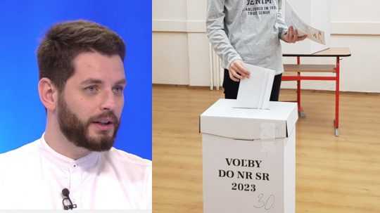 Expert na voľby z Denníka N Daniel Kerekes vľavo, vpravo osoba vhadzuje obálku do volebnej urny.