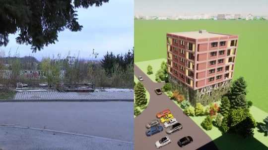 Na mieste pozemok bytovky, vpravo grafický návrh novej bytovky.