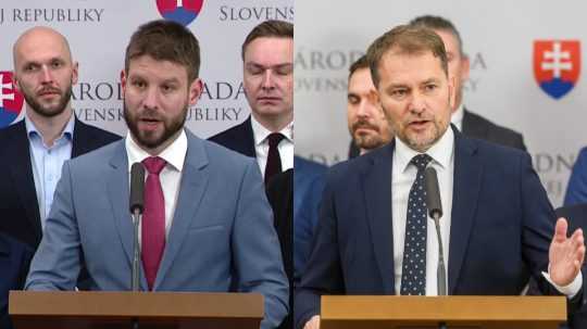 Zľava predseda a podpredseda parlamentu PS Michal Šimečka a predseda hnutia Slovensko Igor Matovič.