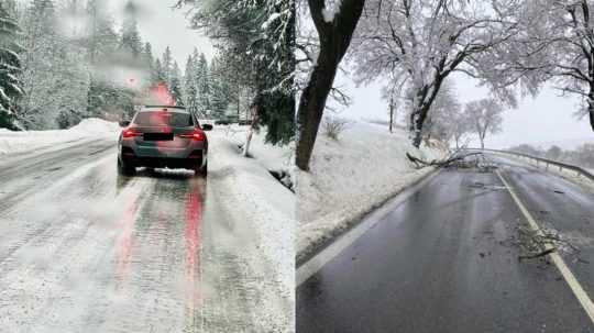 Na koláži snímok vľavo auto na zľadovatenej ceste a vpravo spadnutý konár.