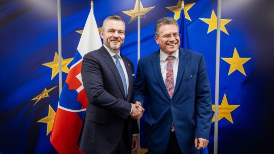Maroš Šefčovič a predseda Národnej rady SR Peter Pellegrini počas stretnutia v Európskom parlamente v Bruseli.