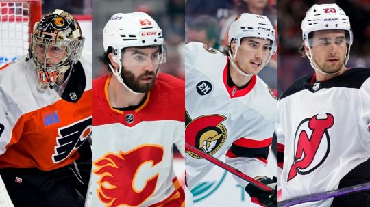 Na snímke kanadskí hokejisti: Carter Hart, Dillon Dube, Alex Formenton a Michael McLeod.