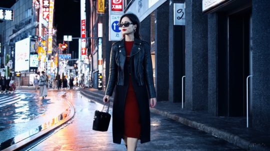 Snímka z videa vytvoreného umelou inteligenciou - žena kráčajúca ulicami Tokya.