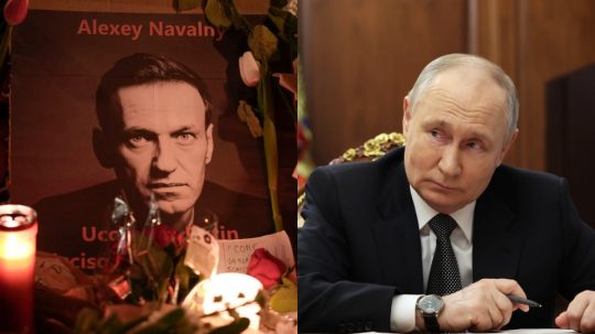 Na snímke portrét A. Navaľného a ruský prezident V. Putin.