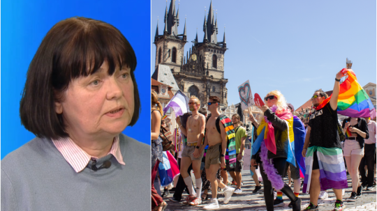 Sociologička Zuzana Kusá a ilustračná snímka z pochodu Prague Pride.