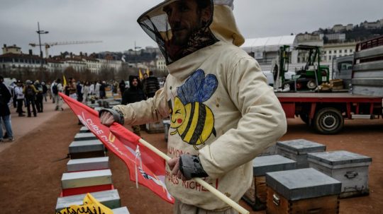 Na snímke protestujúci francúzsky včelár.