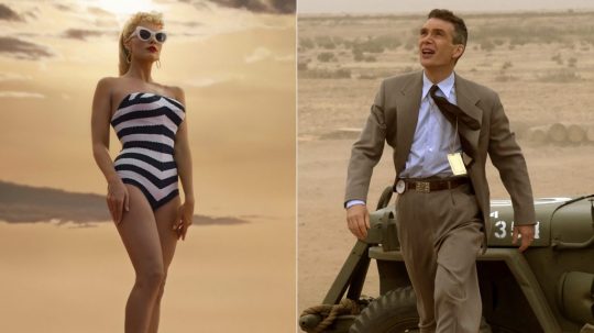 Na kombinácii obrázkov je Margot Robbie v scéne z filmu Barbie (vľavo) a Cillian Murphy v scéne z filmu Oppenheimer.