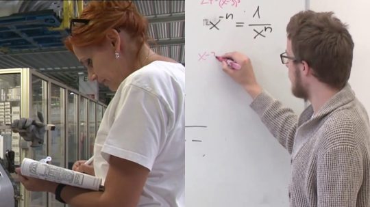 Vľavo pracovníčka vo fabrike, vpravo učiteľ píše na bielu tabuľu.