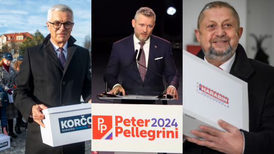 Zľava prezidentský kandidát Ivan Korčok, Peter Pellegrini a Štefan Harabin.