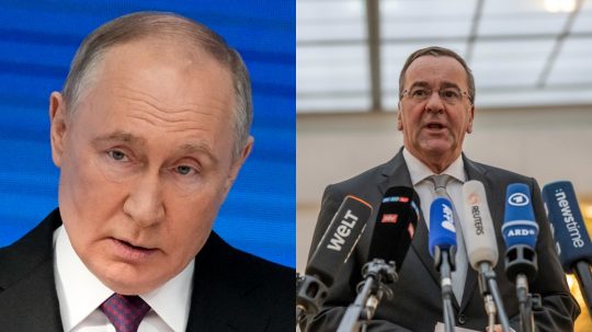 Ruský prezident Vladimir Putin (vľavo) a nemecký minister obrany Boris Pistorius.