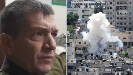 Na snímke vľavo Aharon Chaliva a ilustračná snímka bombardovania palestínskeho mesta.