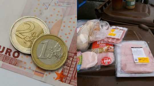 Koláž, vľavo euromince a bankovky, vpravo nákup na pokladničnom páse.