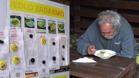 Na snímke lístok s jedlom zadarmo a jediaci muž v bistre v Ilave.