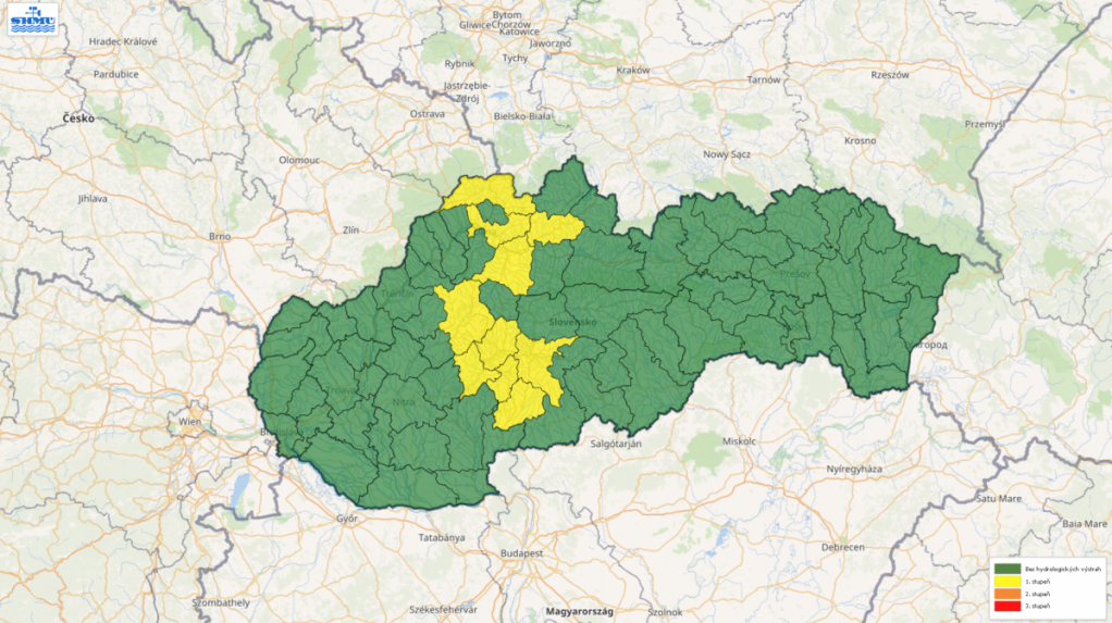 Mapa Slovenska s meteorologickými výstrahami.