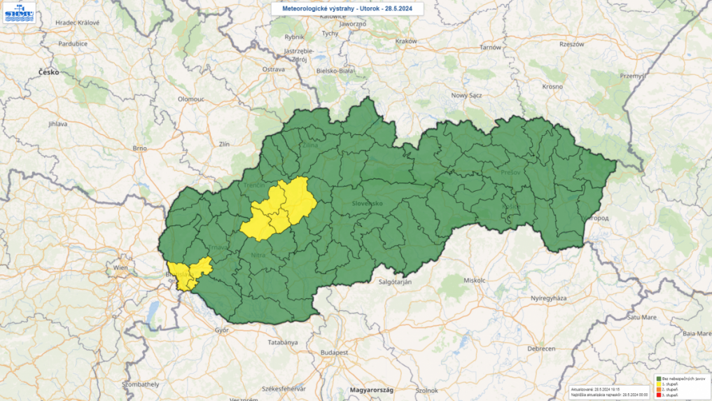 Mapa Slovenska s meteorologickými výstrahami.