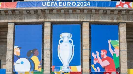Na snímke Olympijský štadión je vyzdobený na majstrovstvá Európy vo futbale.