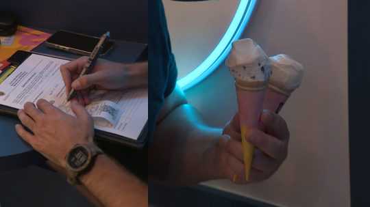 Na snímke kontrolór s bločkom, vpravo zmrzlina.