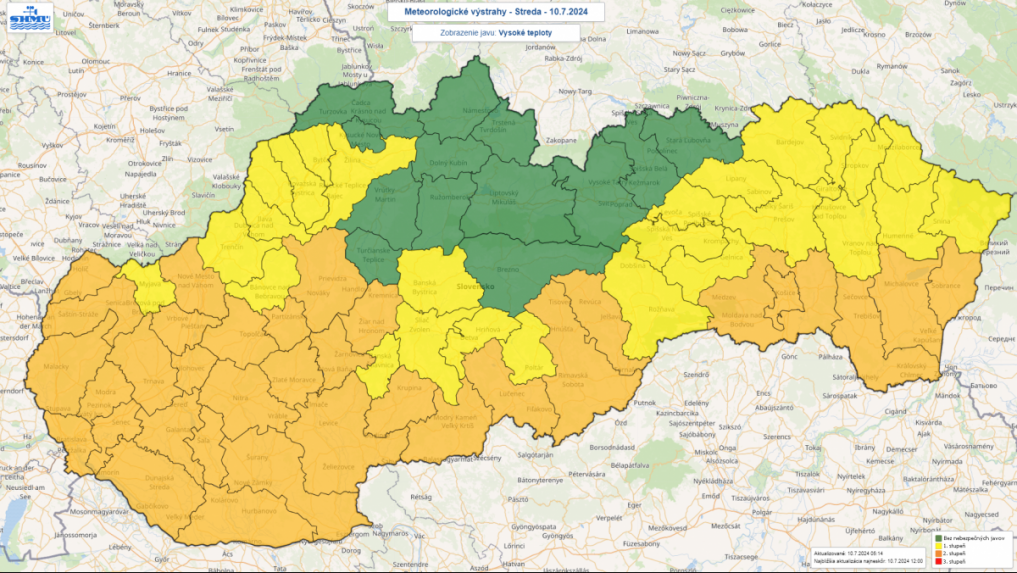 Mapa Slovenska s výstrahami pred vysokými teplotami.