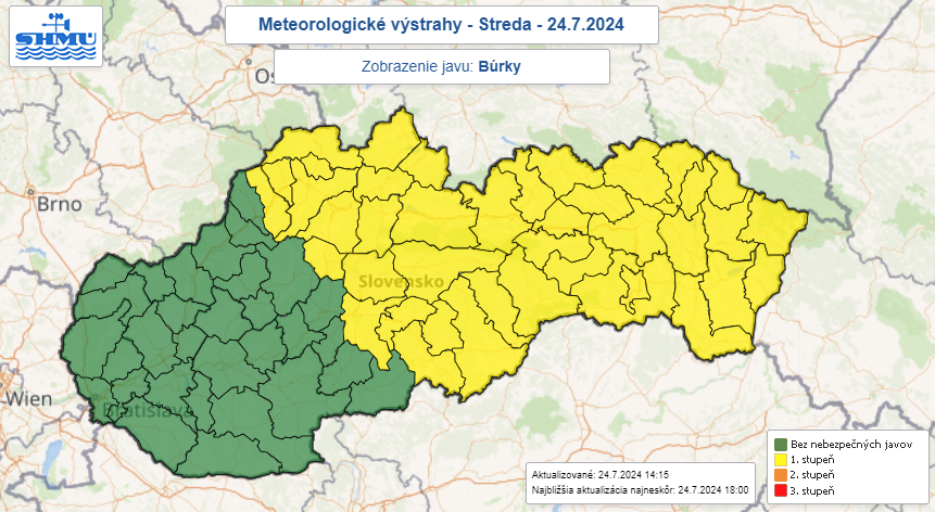 Výstrahy pred búrkami 27. júla 2024.