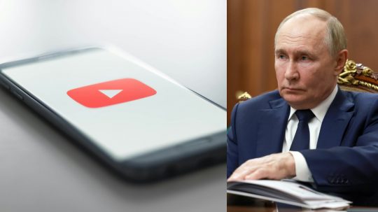 Na snímke telefón s logom aplikácie YouTube a ruský prezident Vladimir Putin.