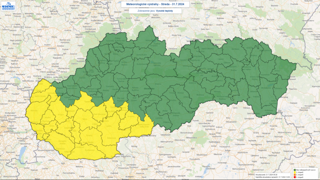 Mapa Slovenska s výstrahami pred vysokými teplotami.